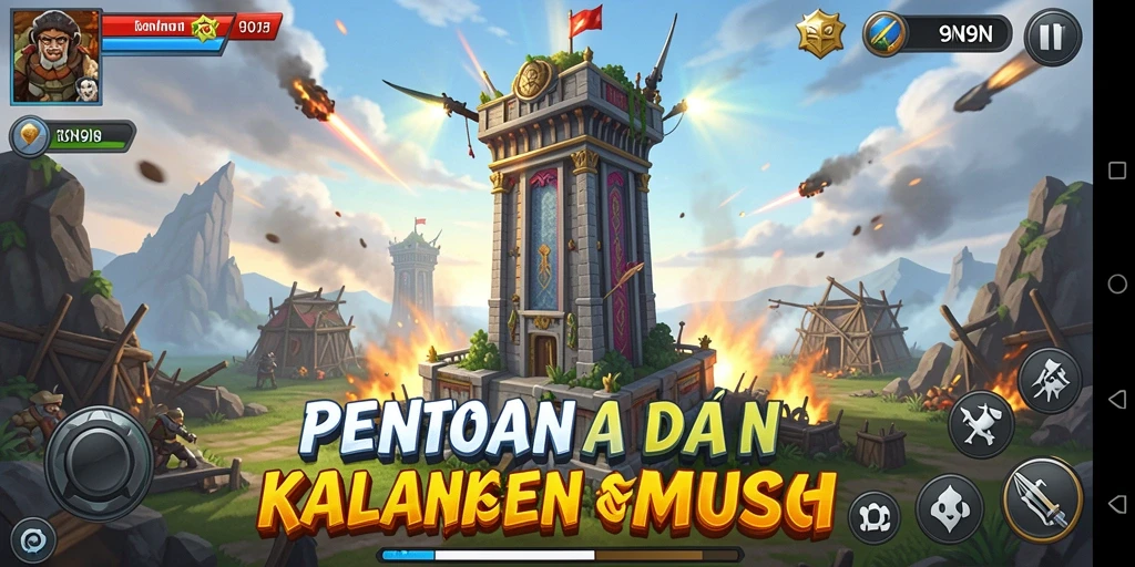 Tangkapan layar dari gameplay menegangkan di 9N9N menunjukkan pertahanan menara yang kuat.