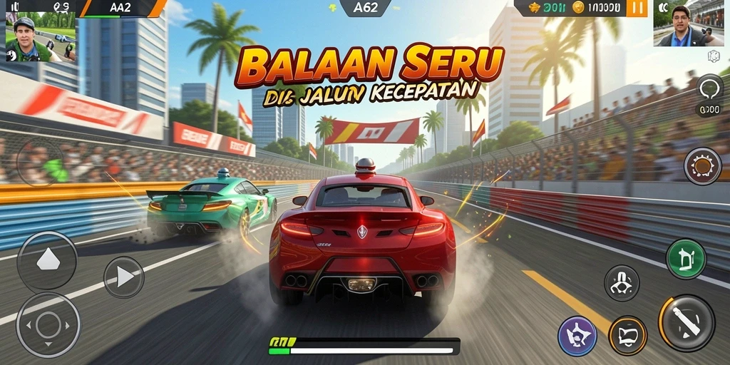 Gameplay balapan seru yang menampilkan mobil-mobil cepat dan lintasan menantang.