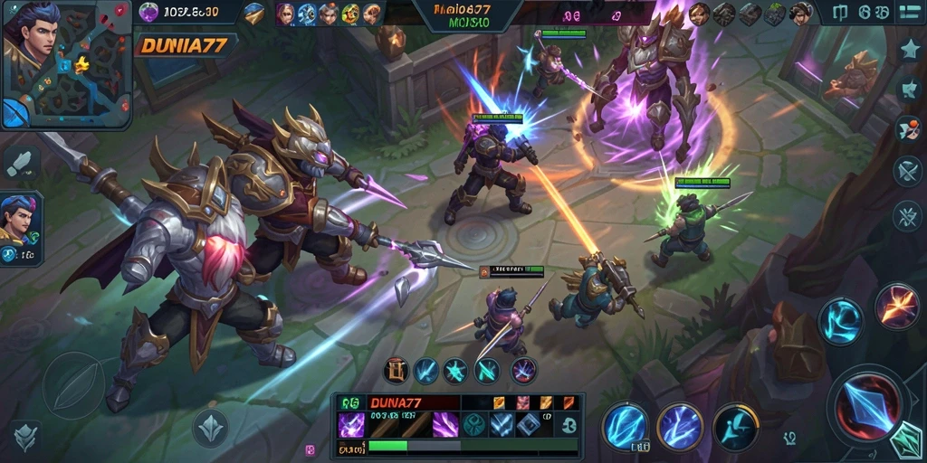 Screenshot DUNIA77 menampilkan aksi seru dalam pertarungan MOBA.