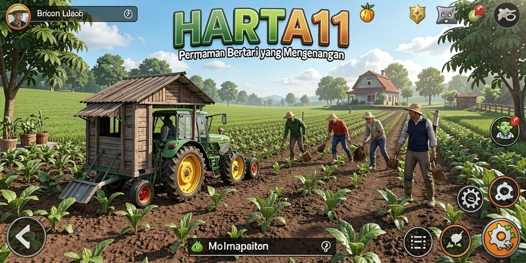 Screenshot HARTA11 menunjukkan player aktif bertani dan merawat tanaman.