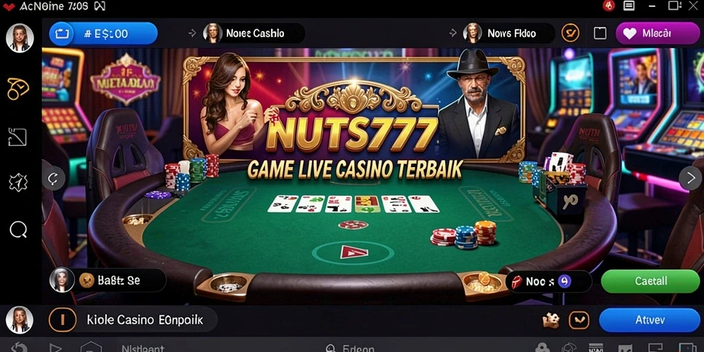 Tampilan gameplay NUTS777 dengan dealer langsung dan suasana kasino.