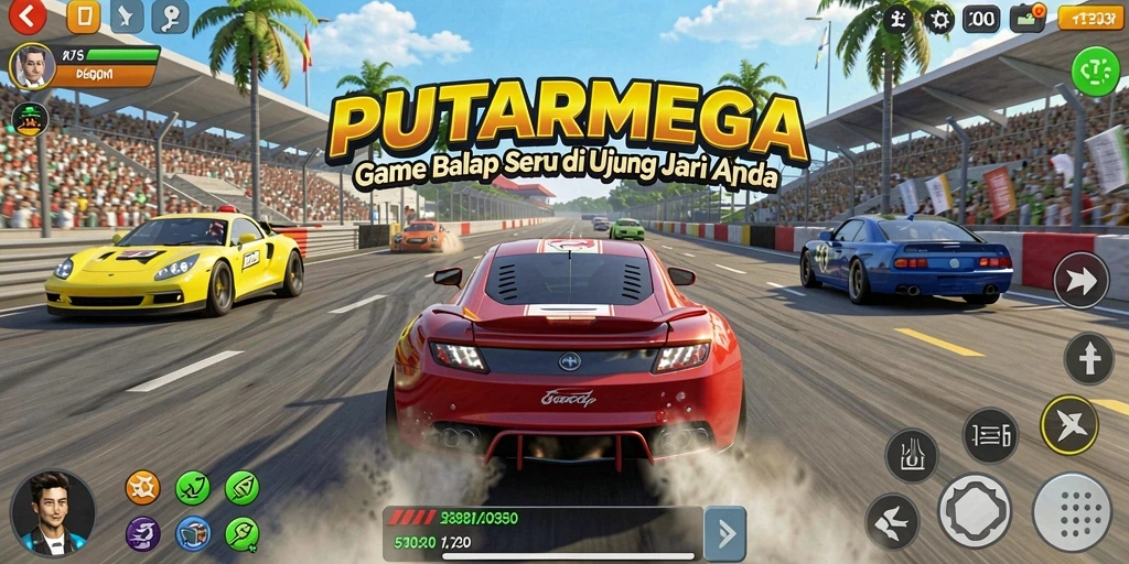Screenshot PUTARMEGA menampilkan aksi balap yang mendebarkan di trek yang dinamis.