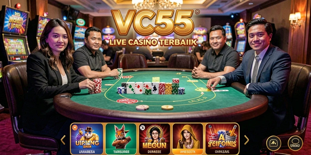 Screenshot VC55 menampilkan dealer langsung dan permainan kasino yang mendebarkan.
