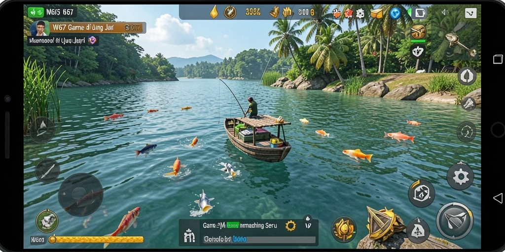 Screenshot W67 menampilkan gameplay memancing yang menarik dan menantang.